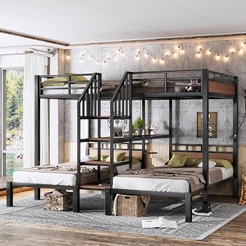 Bellemave Triple Metal Bunk Bed for 3, Full or Full XL Over Twin Over Twin Metal Bunk Bed with Storage Shelves and Storage Stairs for Apartments, Dormitories Black
