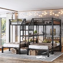 Full Over Twin Over Twin Bunk Bed with Stairs and Storage Shelf, Black