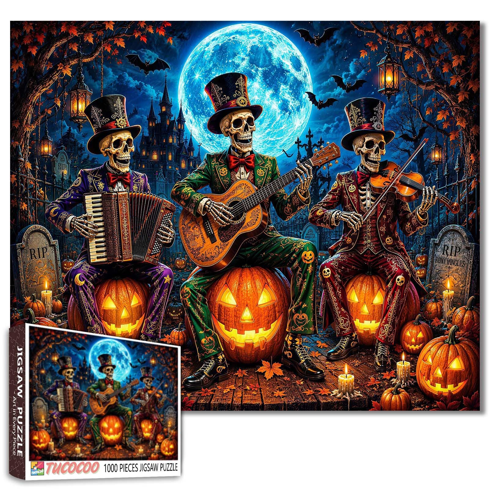 Skeleton Puzzle Day of the Dead Jigsaw Halloween Music Pumpkin 1000 Pieces Puzzles for Adults Beginner Gothic Style Picture Challenging Family Activity Games DIY Crafts Puzzle for Home Decor Gifts — image 1