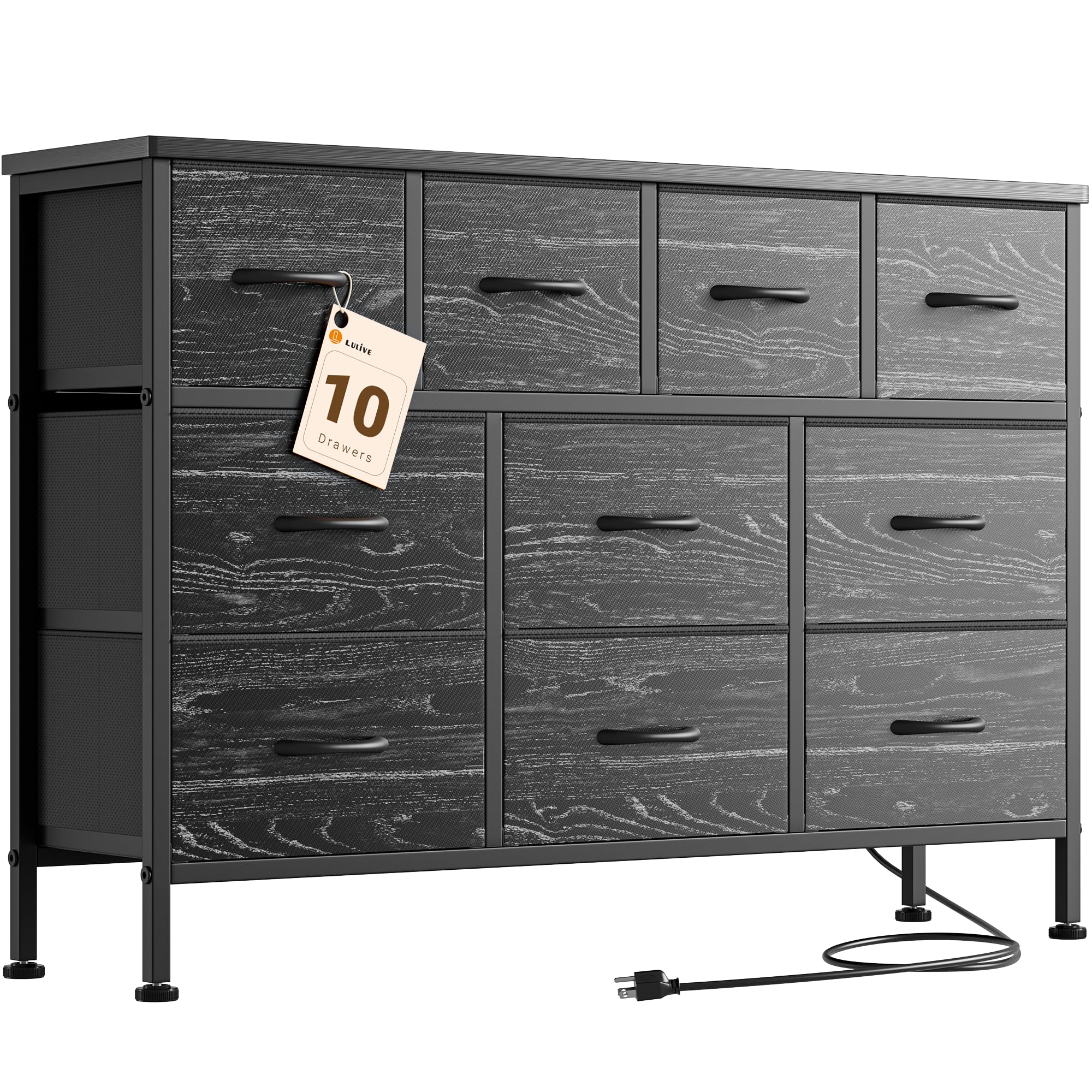 Lulive 10 Drawers Dresser for Bedroom, Chest of Drawers with Charging Station, Fabric Dresser, Organizer Unit for Living Room, Hallway, Closet (Black and White Stripes)