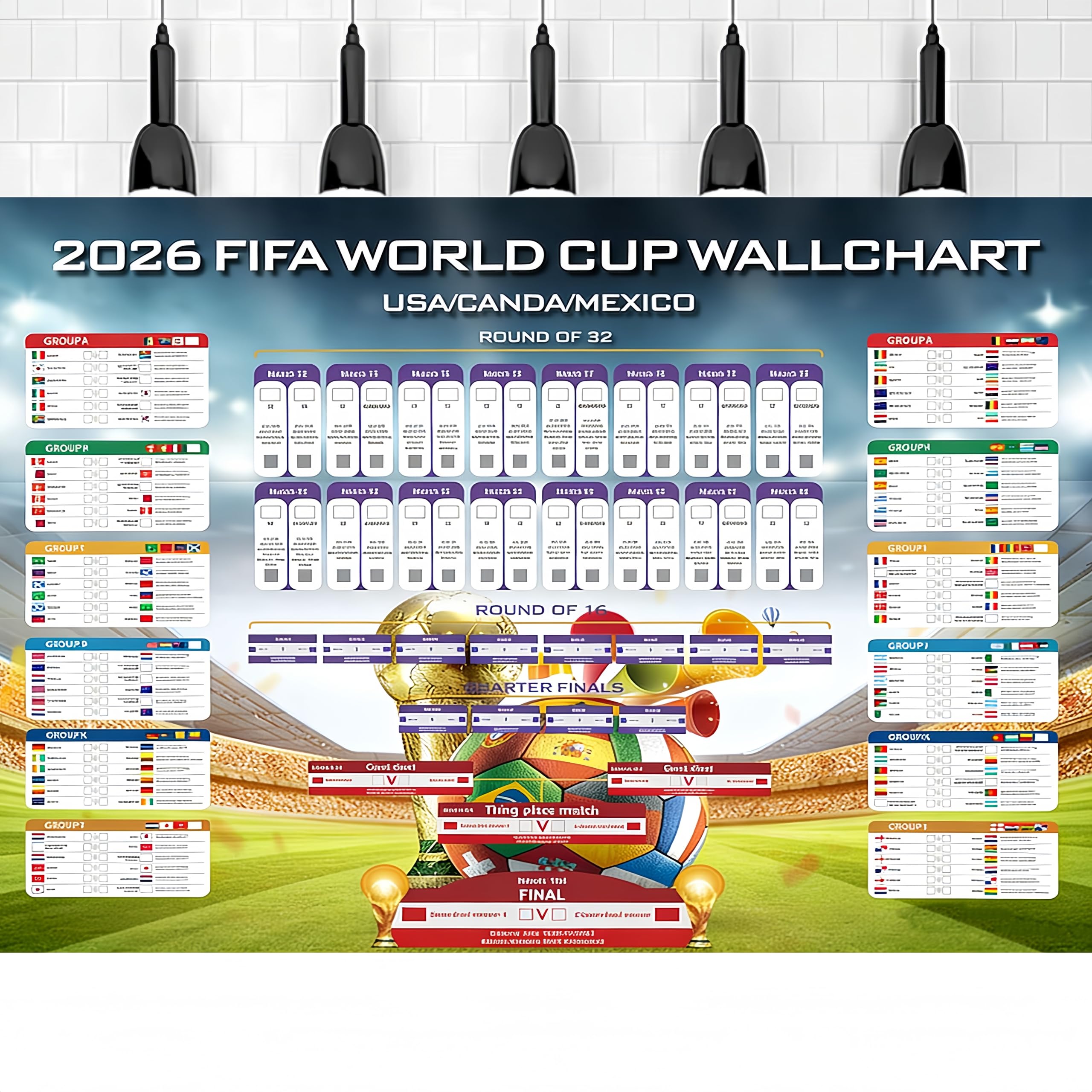 Zappelstift Blue Large 150X100cm 2026 Football Match Schedule Poster For 2026 World Cup, Laminated Wall Chart With Complete Tournament Fixtures From Group Stage To Knockout (Full Version For 48 Countries)