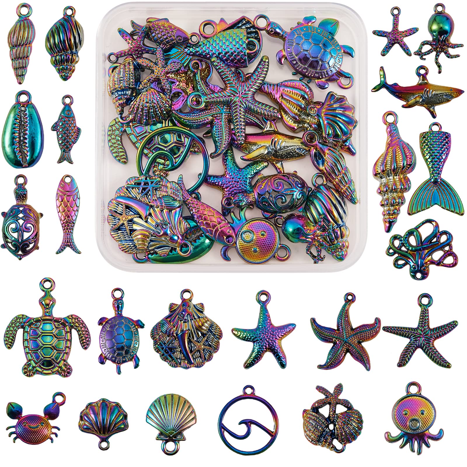COGCHARGER 24 Pcs Ocean Themed Pendants Rainbow Alloy Big Charm Pendants Multi Color Charms for Jewelry Necklace Bracelet Earring Making