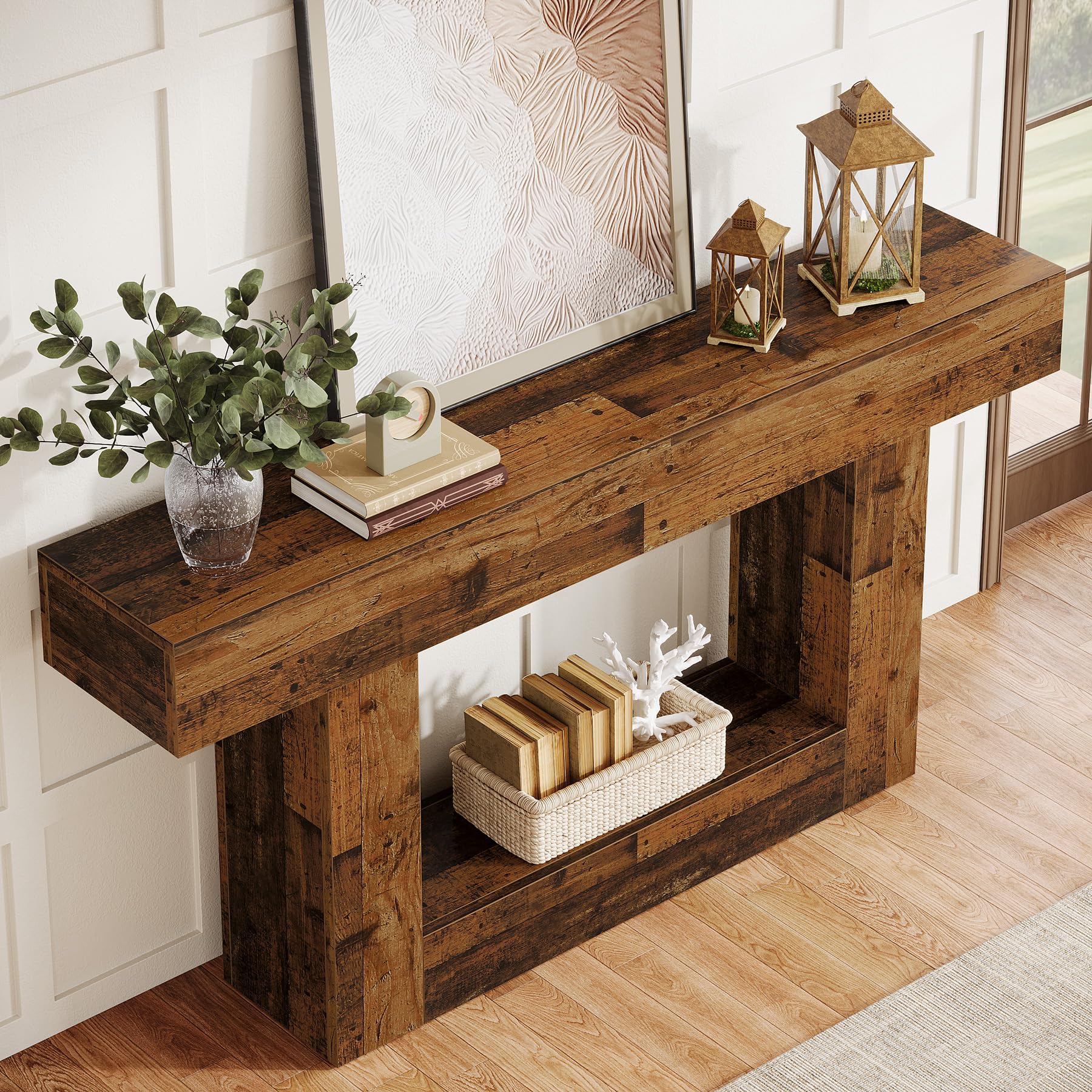 Tribesigns Konsolentisch, 160 cm lang, 2-stöckiger Eingangstisch, Sofatisch mit Stauraum, Bauernhaus-Holz hinter Couchtisch für Wohnzimmer, Flur (Rustikales Braun-Mischung)