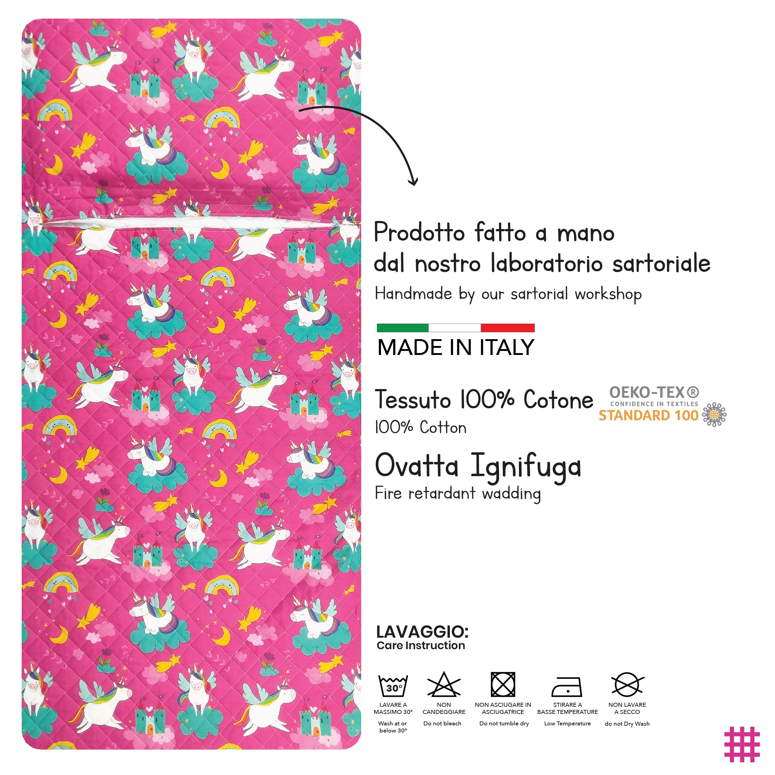 Saco de dormir para niño y niña de 2 a 6 años – Tejido acolchado 100% algodón – Fabricado en Italia (saco de dormir unicornios y arcoíris)