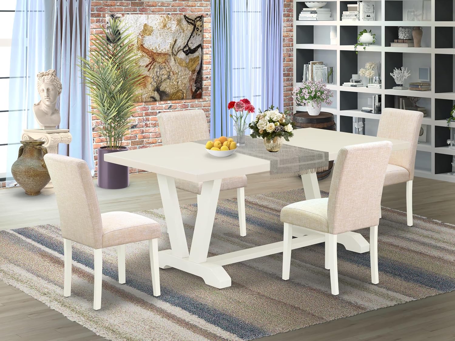 East West Furniture V027AB202-5 5 Piece Dining Table Set Includes a Rectangle Kitchen Table with V-Legs and 4 Light Beige Linen Fabric Parson Dining Room Chairs, 40x72 Inch, Multi-Color