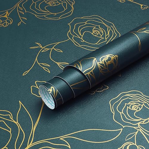 Miniatura 8 de Safiyya Papel tapiz de 393 x 17.3 pulgadas, verde azulado oscuro, papel de contacto dorado y verde, papel de contacto dorado, papel de contacto