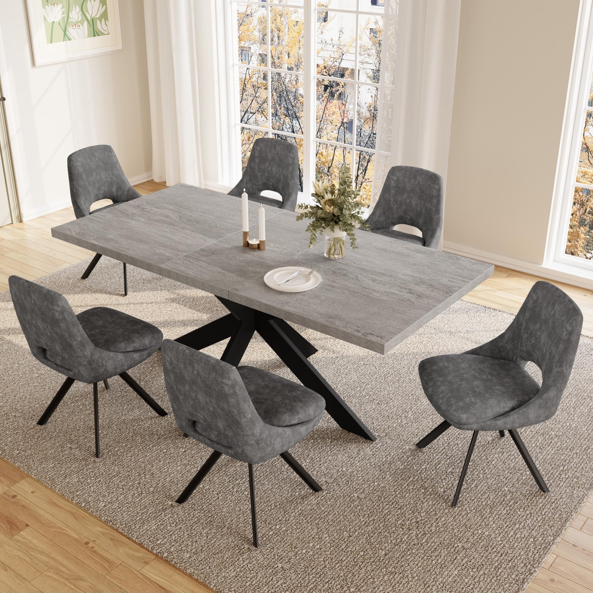 JIEXI Ensembles de salle à manger pour 4-6 personnes, table à manger extensible avec chaises, table moderne en bois MDF gris, adaptée pour le salon, la cuisine, les réunions avec beaucoup de personnes