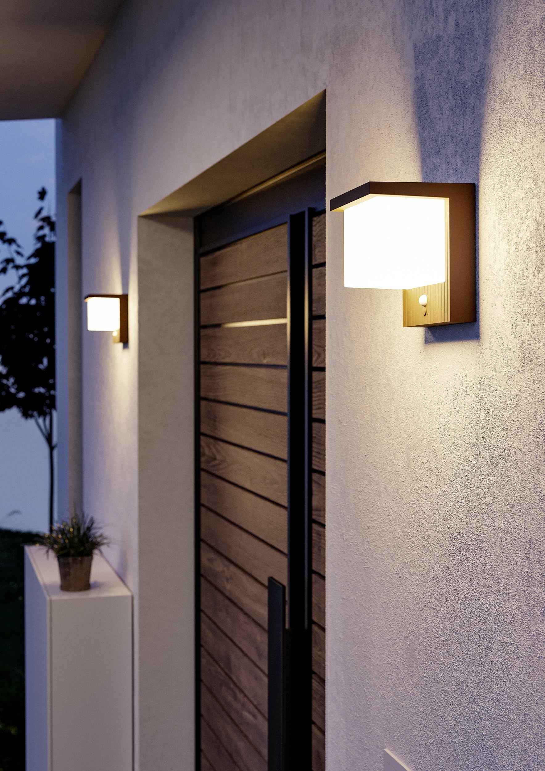 EGLO Lámpara solar de pared exterior Frigento, 700 lúmenes, artefacto | con sensor de movimiento, LED, plástico marrón óxido-blanco, luz cálida, IP44