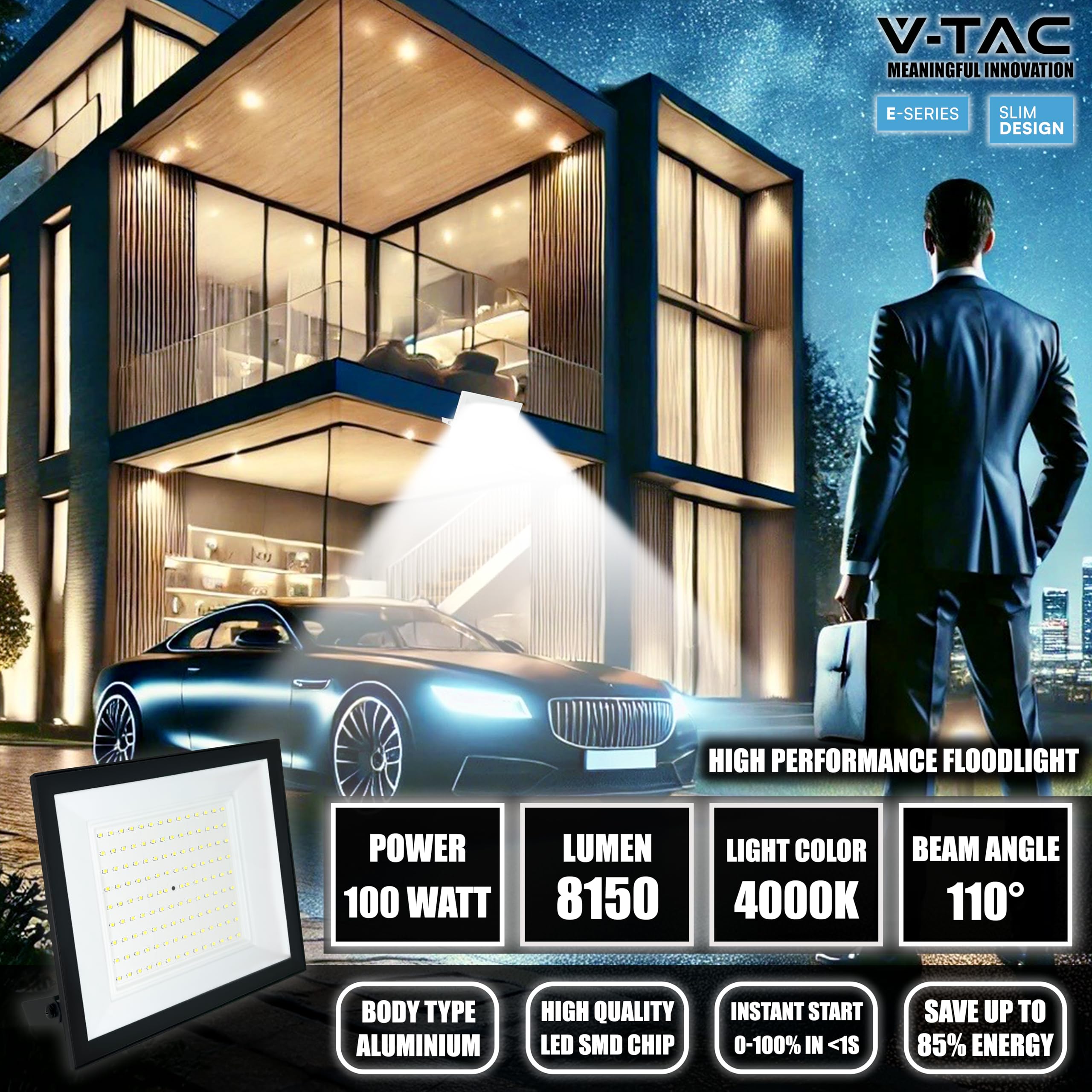 V-TAC 4x Fari LED da Esterno 100W - [ E-Series - Alte Perfomance, Bassi Consumi ] - Super Slim Design - 8150 Lumen - IP65 - Proiettore per Casa, Garage, Magazzino - Impermeabile - Luce Naturale 4000K