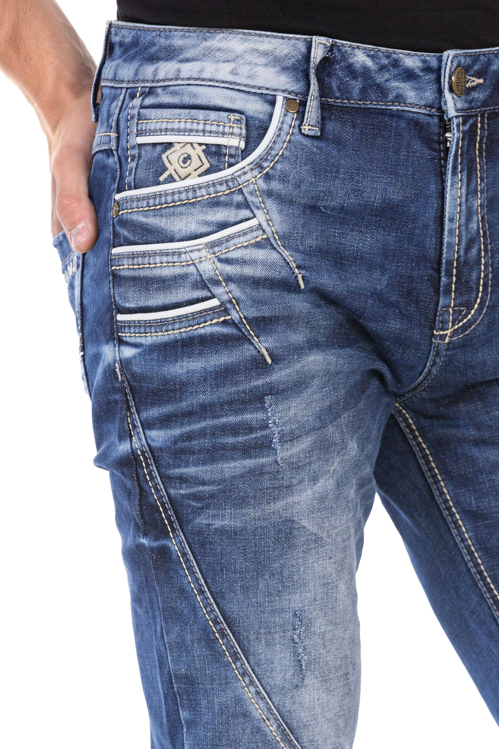 Cipo & Baxx Pantalones vaqueros para hombre, corte recto, pantalones vaqueros regulares en costura de contraste, pantalones vaqueros de algodón alto para hombres con costuras decorativas modernas,