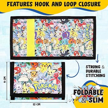 Pokemon Wallet for Boys and Girls, Kids Trifold Purse Canvas Velcro Wallets with Zip, Pound Coin and Card Holder - Featuring Charizard & Pikachu, Great Pokemon Gifts
