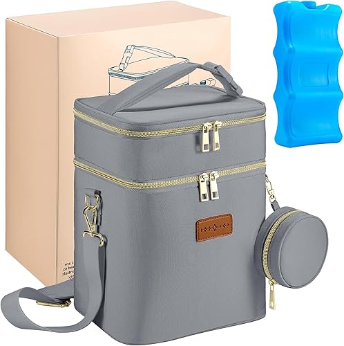 Miniatura 14 de Bolsa enfriadora de leche materna con bolsa de hielo y funda para chupete, enfriador de biberones grande de doble capa con aislamiento para 6
