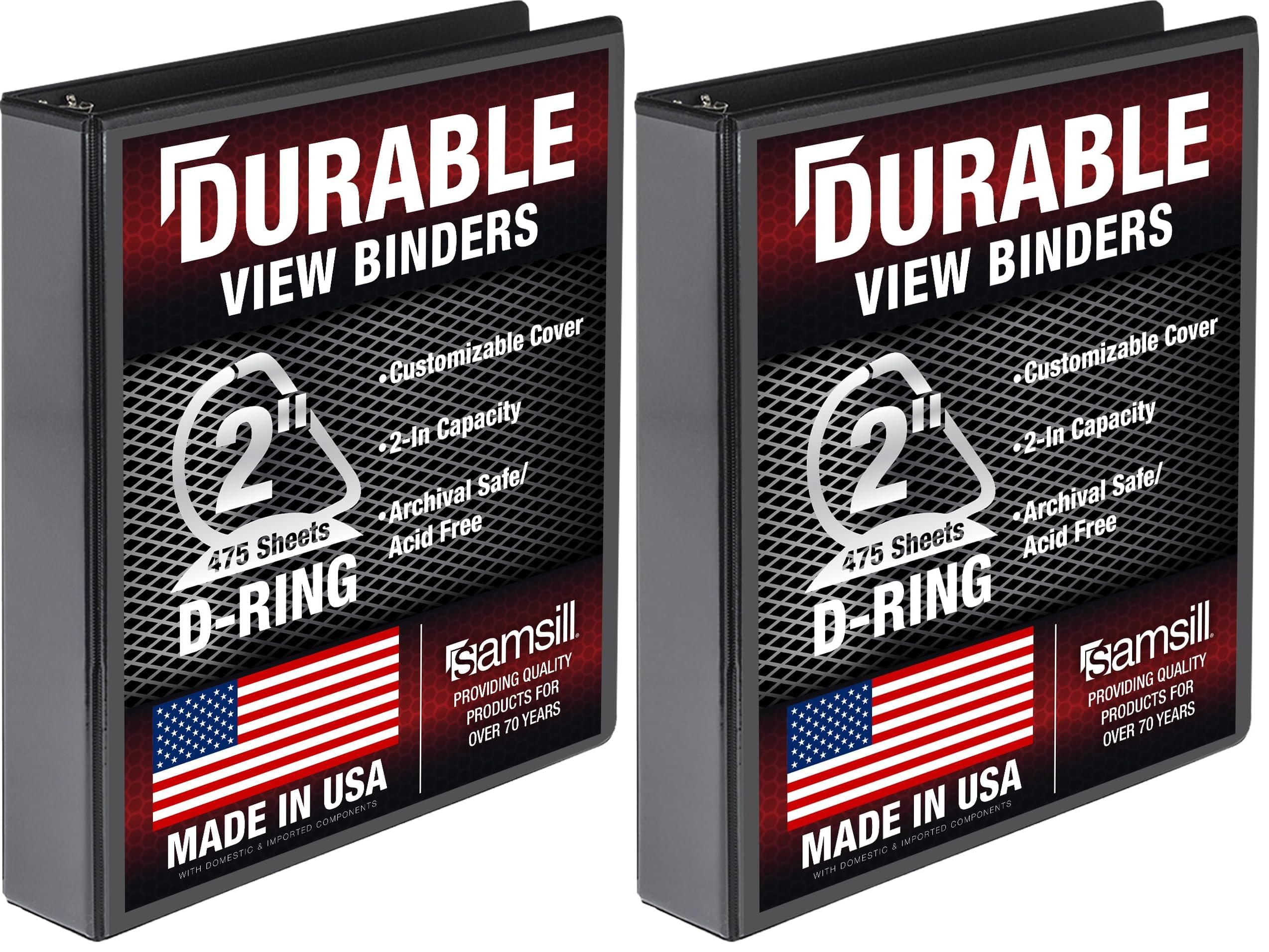 Samsill Durable 2 Inch Binder, D Ring Binder, Customizable Clear View Cover, Charcoal Black, Holds 475 Pages (Pack of 2)