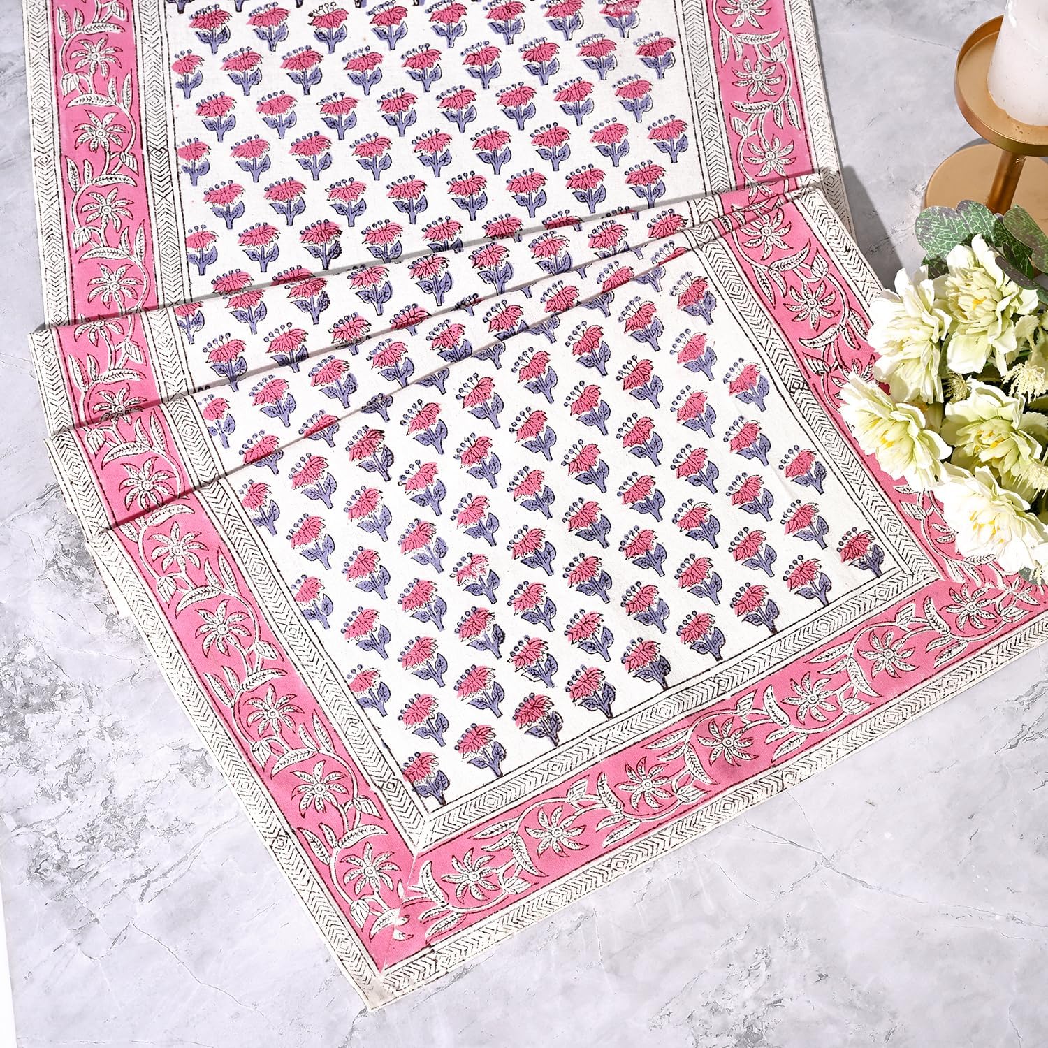 CPC Pink Sapphire Block Print Cotton Table Runner 16x90 Inch Long Fall Table Runner for Everyday Dining, Festive, Wedding, Home Decor, Farmhouse, Outdoor Gift for Spring,Mother's Day