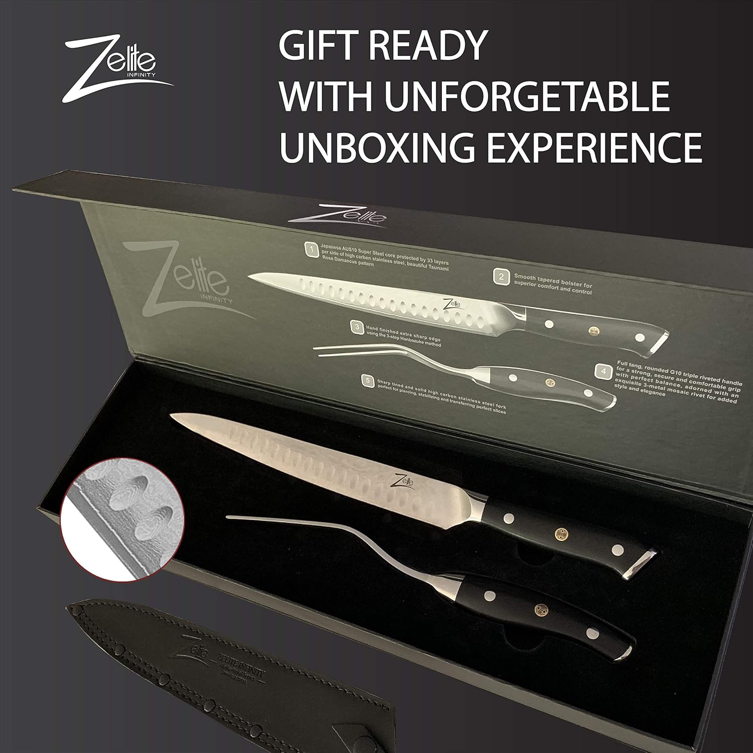 Meat Carving Knife and Fork Set (10 Inch) by Zelite Infinity - Alpha-Royal Japanese Series - Japanese AUS10 Super Steel 67-Layer Damascus - For Professional Chefs and Home Cooks: Home & Kitchen