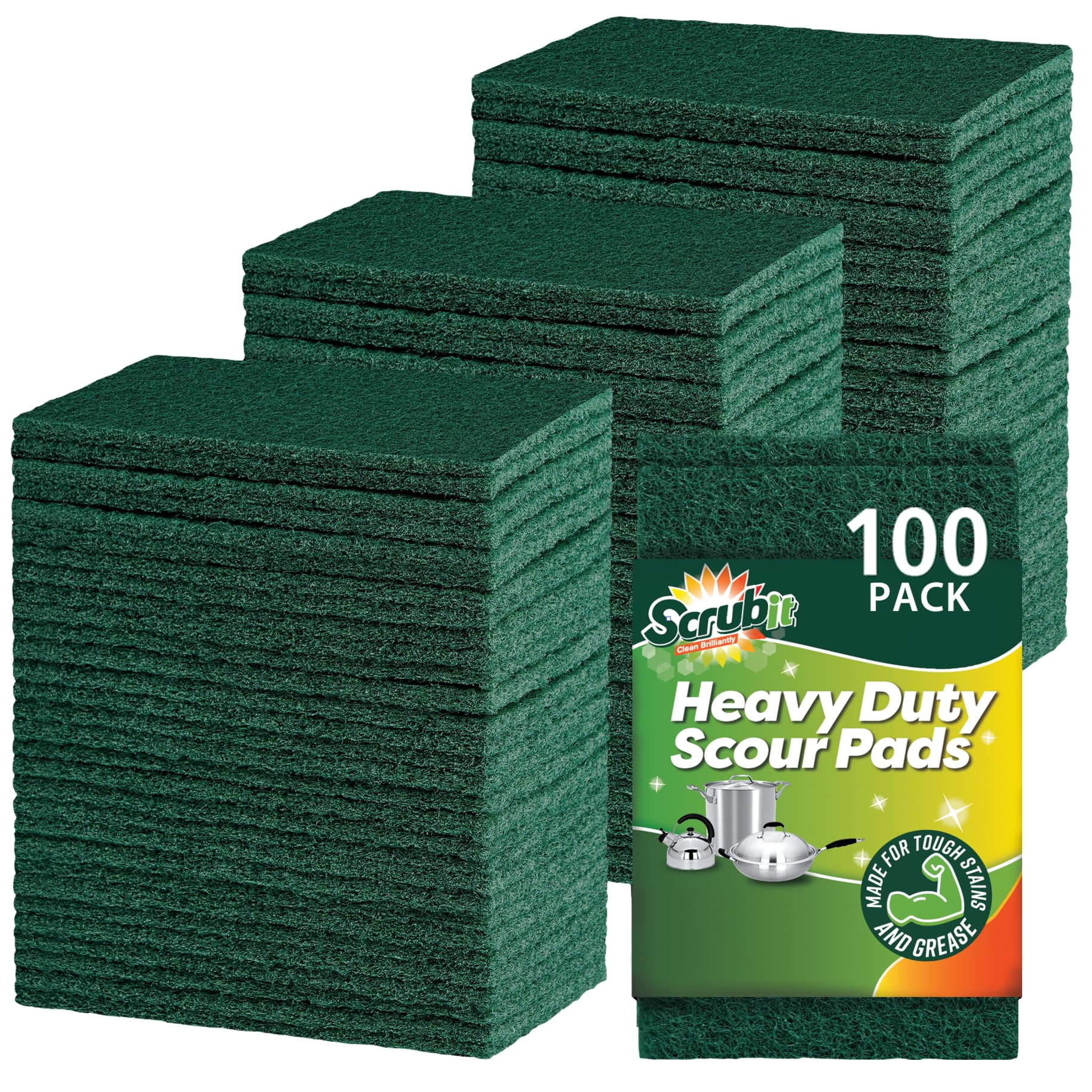 Scrubit Green Scouring Pads - Heavy Duty Scrub Pads For Cleaning Dishes - Non-Scratch - Reusable - (100, )