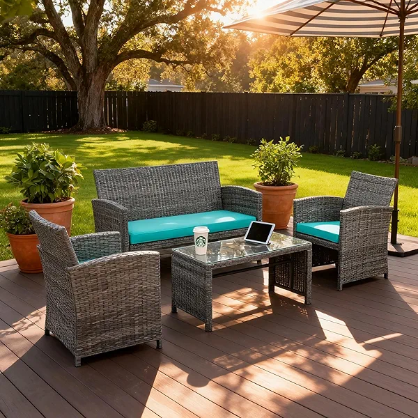 JAMFLY 4 Piece Outdoor Patio Furniture Set, Outdoor Wicker Rattan Chairs Conversation Sets with Cushions & Coffee Table for Outside, Garden, Balcony, Porch, Blue