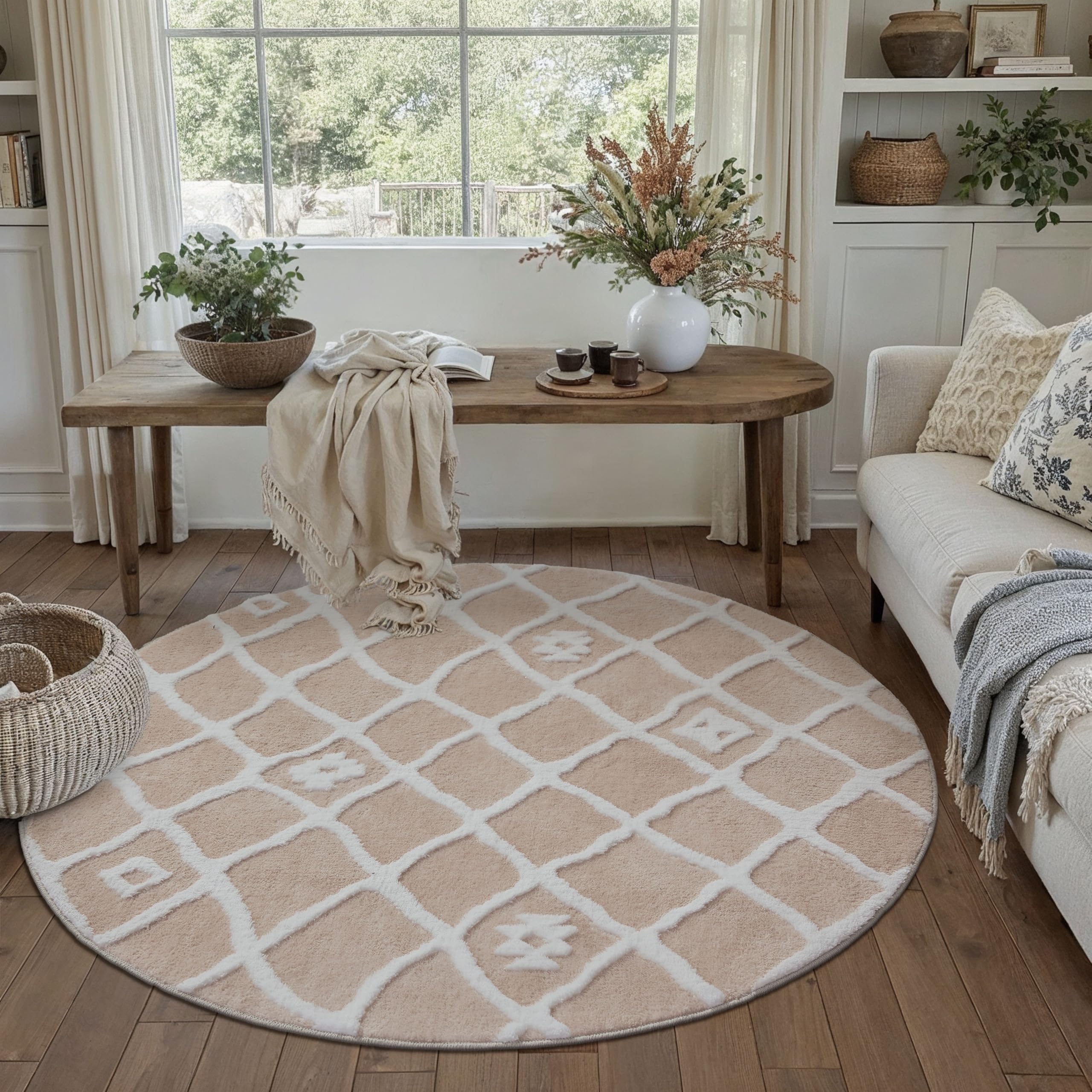 PureCozy Round Rug 120 cm Round Living Room Beige Bedroom Short Pile Fluffy Washable Non-Slip Soft Modern 3D Effect Rugs for Kitchen Dining Room Bedroom Living Room Office — image 1
