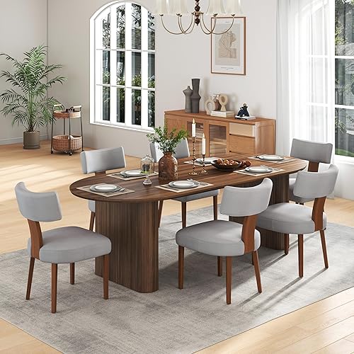 Miniatura 28 de Juego de mesa de comedor ovalada extensible de 59 a 90 pulgadas con 6 sillas de comedor con respaldo en T para 6 personas, moderna mesa de comedor