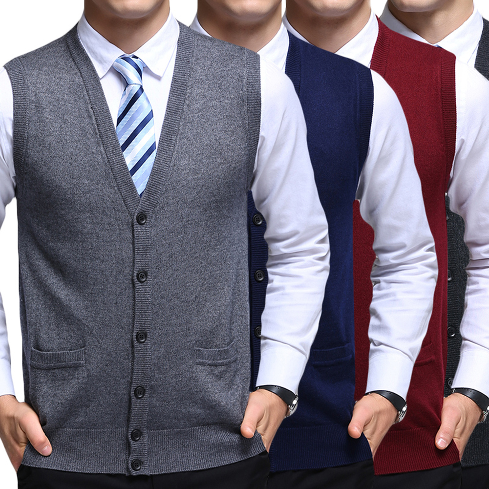 FULIER Mens Wool V-Neck Gilet Sleeveless Vest Waistcoat Classic