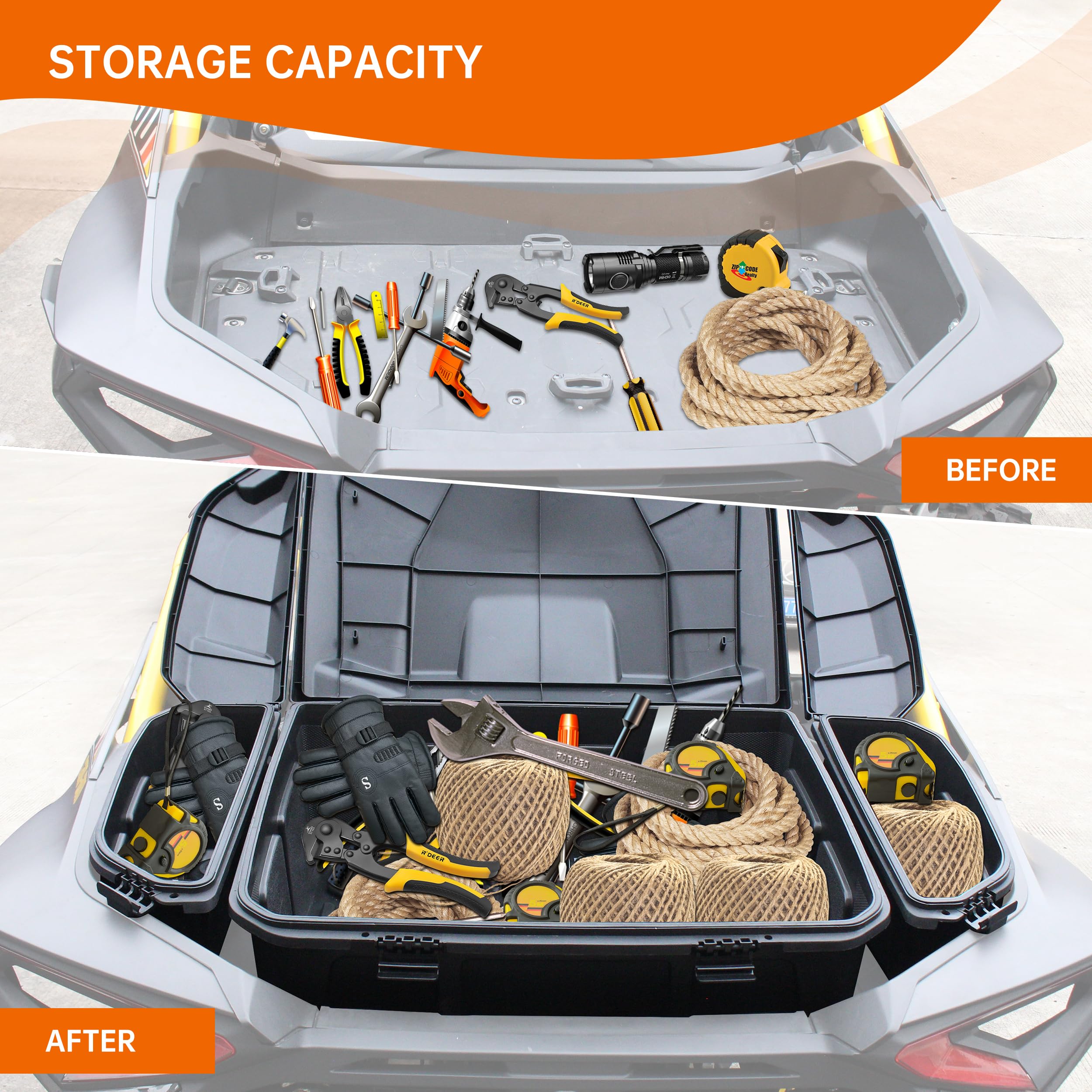 CUSAUTV Rear 96L Storage Cargo Box & 13.5L Side Cargo Storage Boxes Compatible with Can-Am Maverick R X RS 2024+ Accessories Replace #715007182 715007372 Water Resistant Large Capacity Tool Box(3PCS)