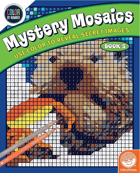 MindWare Color by Number Mystery Mosaics Book 5 Hidden-Image Coloring Book for Kids and Adults, Ages 6 and Up