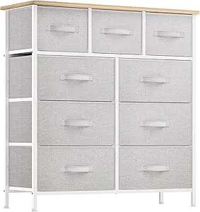 DWVO 9 Drawer Dresser, Light Gray Fabric Storage Tower, Tall Organizer Unit for Room, Living Room, Hallway, Closets - Sturdy Steel Frame, Wooden Top & Easy Pull Bins