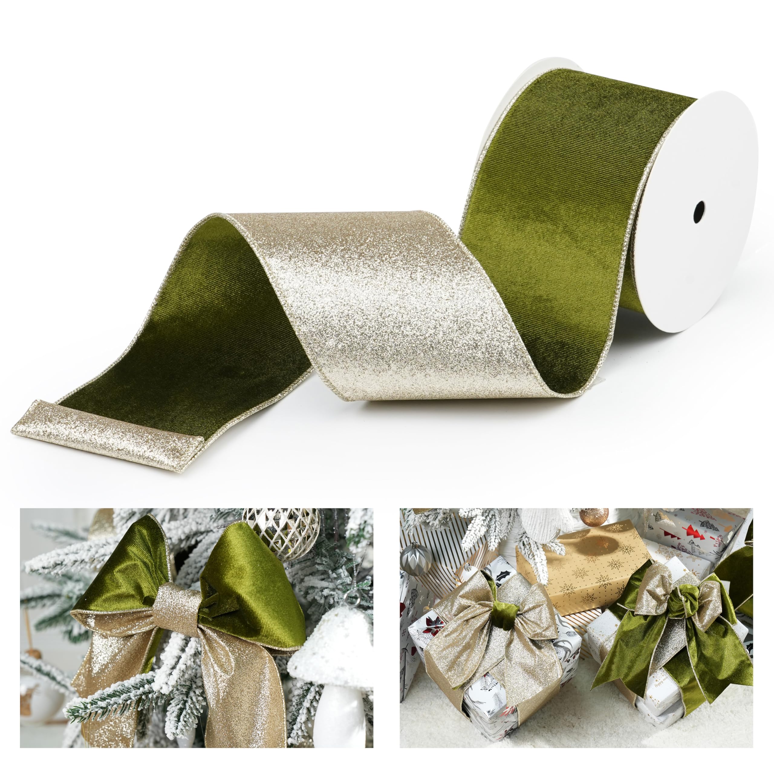 Amazon.com: LIZLOVESS Moss Velvet Wired Ribbon with Glitter Back 4