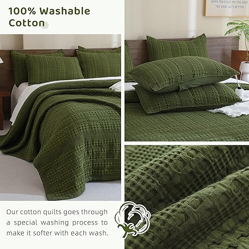 Miniatura 4 de Sanracie Juego de edredón 100 % algodón con tejido de gofre, tamaño King (110 x 98 pulgadas), juego de edredón acolchado verde oliva, juego de cama