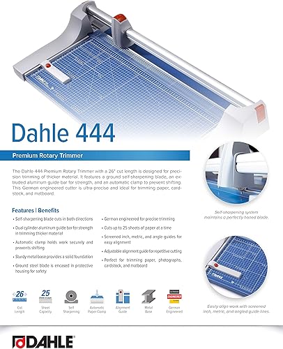 Miniatura 6 de Dahle 444 Cortadora rotativa de alta calidad, longitud de corte de 26 pulgadas, capacidad de 25 hojas, autoafilado, abrazadera automática, cortador