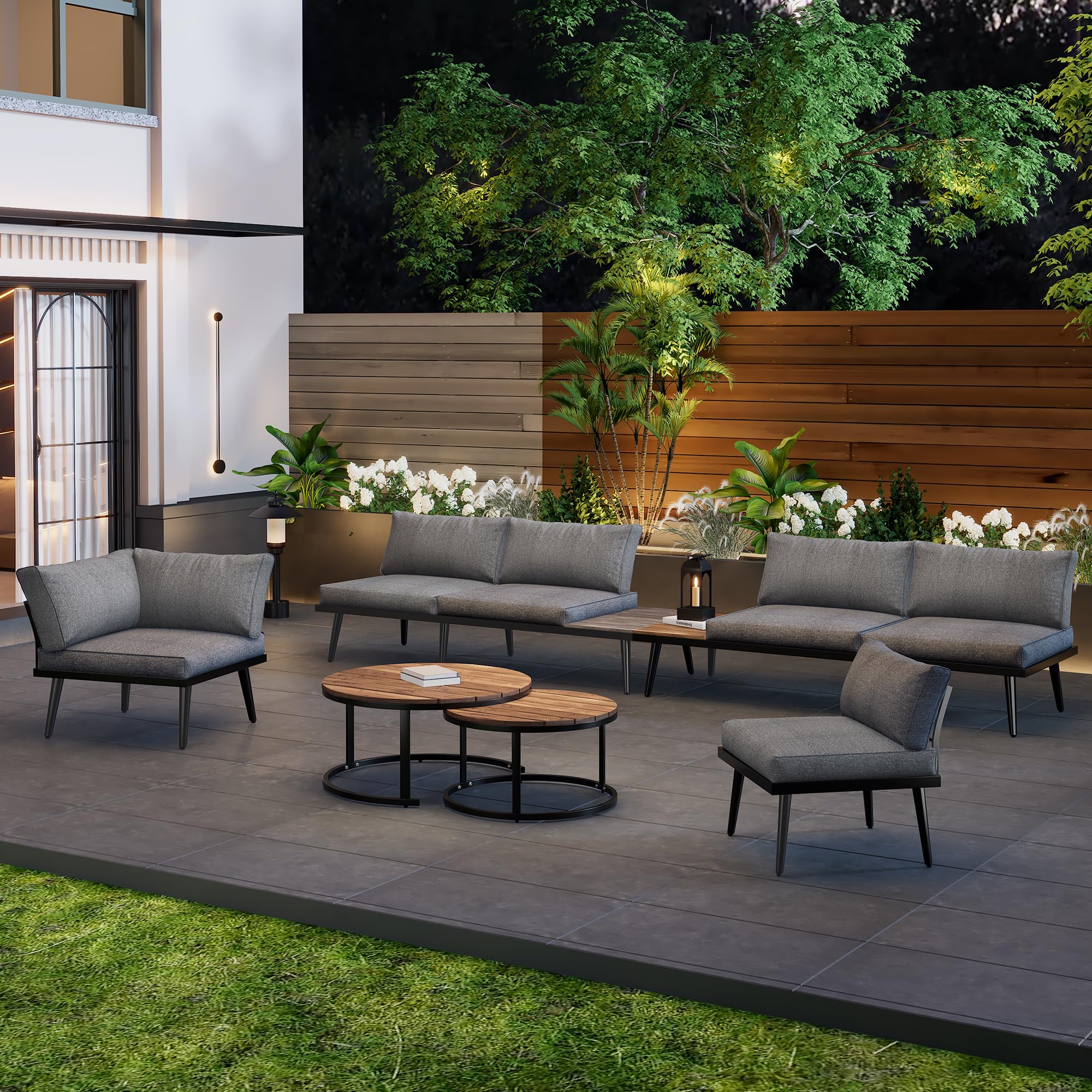 Salon de Jardin Exterieur 6 Places,Ensemble de Meubles d’Extérieur pour 7 à 8 Personnes avec 2 Canapé 2 Places,2 Canapés 1 Place,2 Table à Manger et Coussins