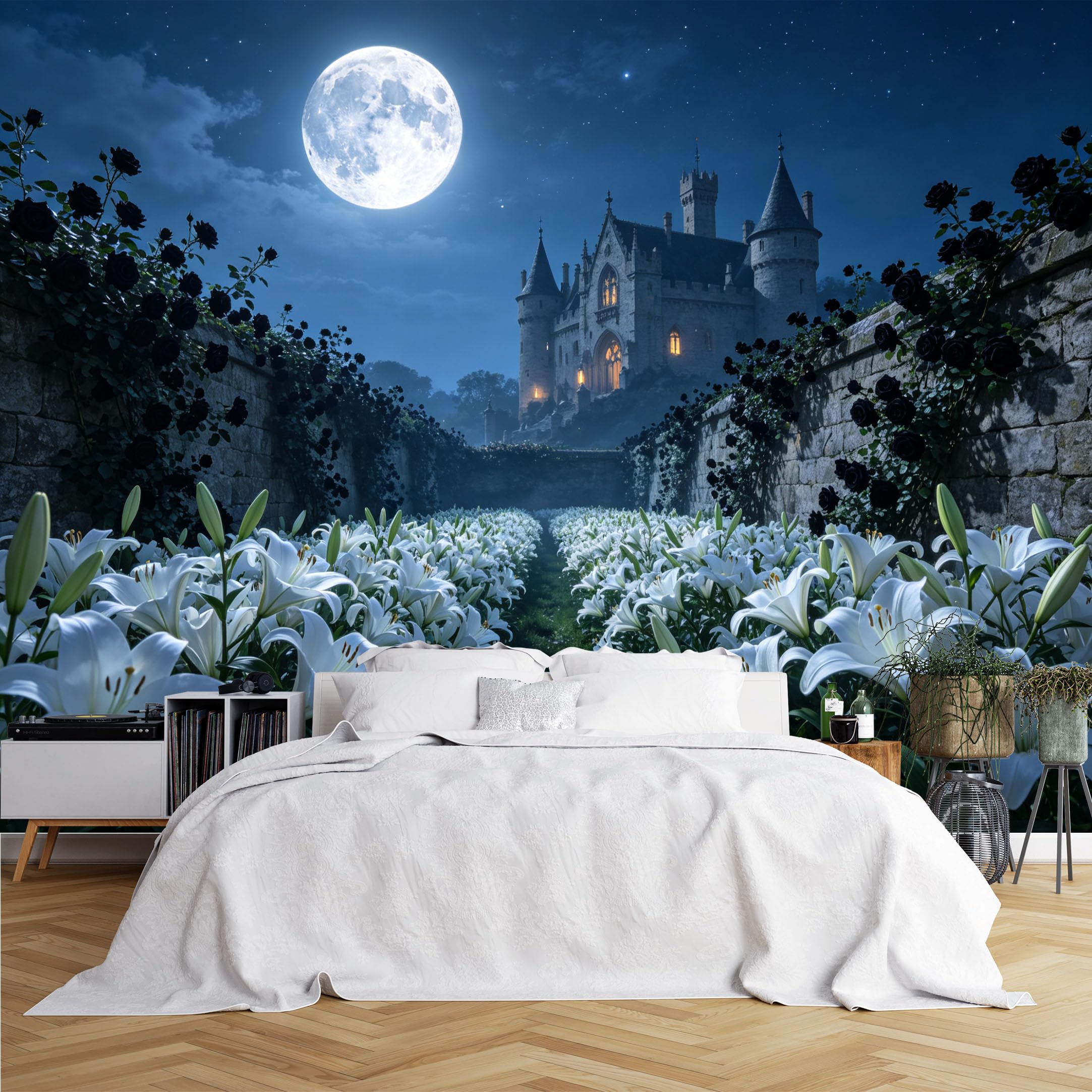 Lcythiazole Ch260615034 Custom Size Wall Murals Moon Castle Black Rose Lily Garden Wall Murals Wall Stickers Wallpaper Self-Adhesive Removable Wallpaper For Gothic Bedroom Lobby
