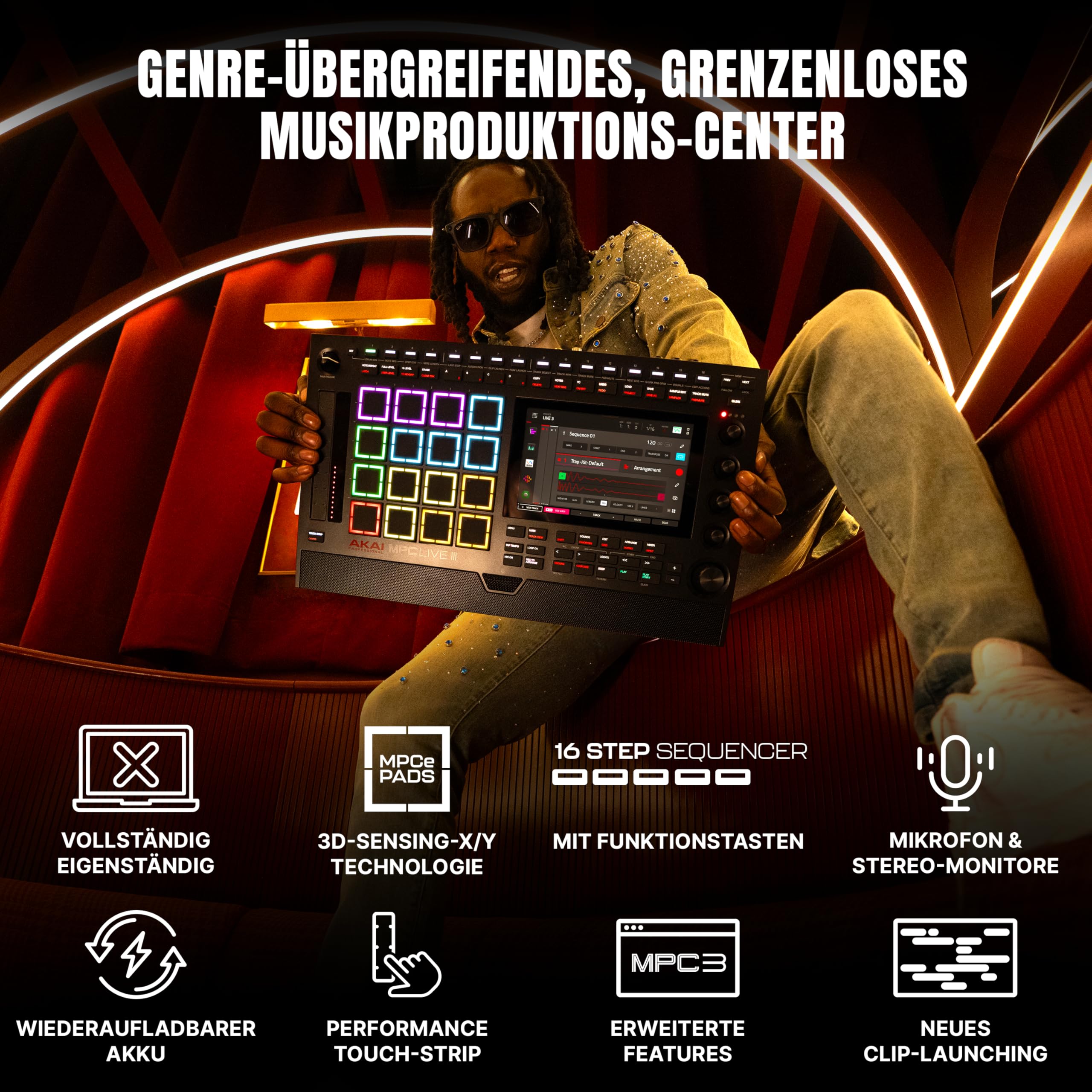 Akai Professional MPC Live III tragbares Musikproduktions-Center | Standalone, MPCe Pads, Touchscreen, Stereo Lautsprecher, Mikrofon, Akku, Bluetooth, WLAN