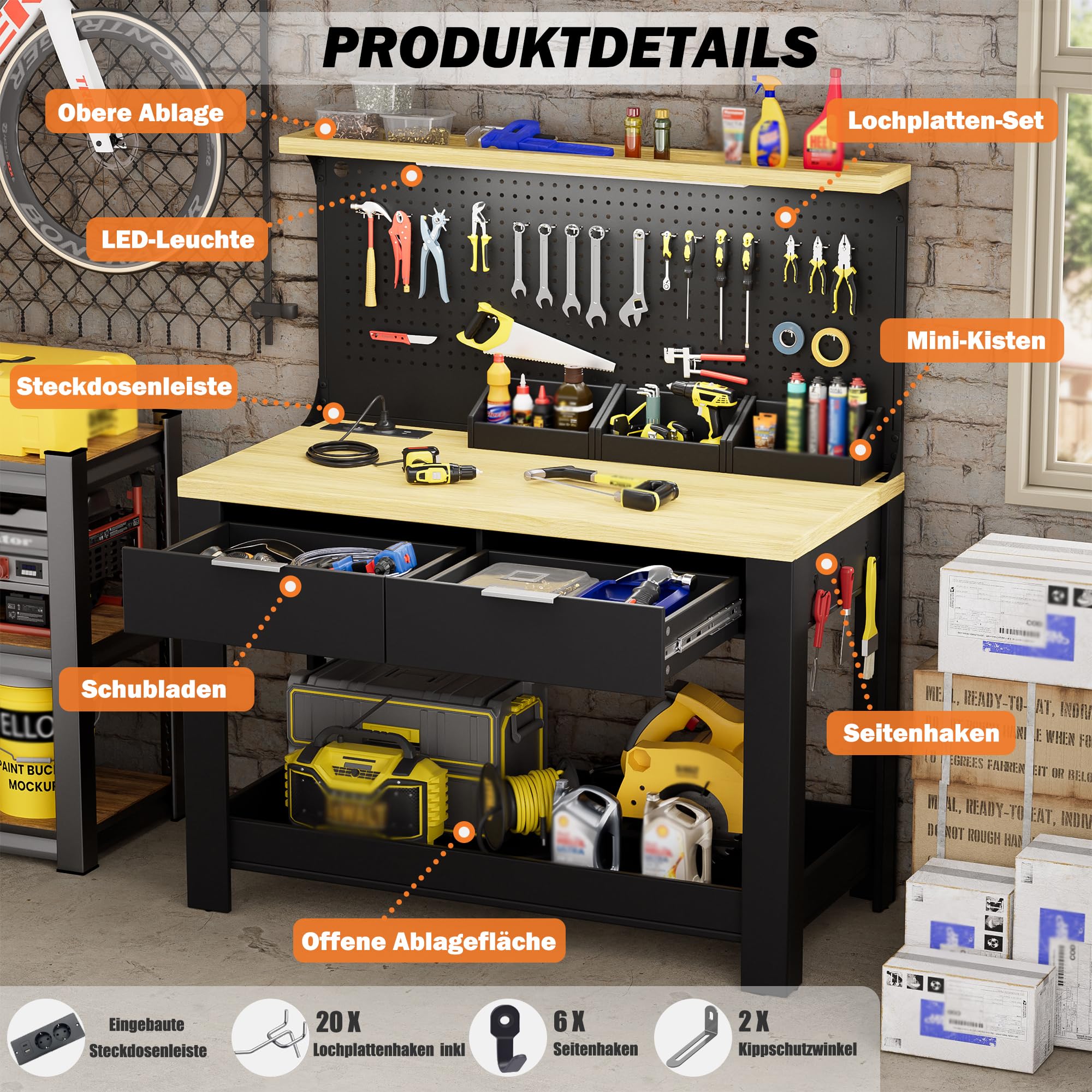 Werkbank mit LED-Arbeitsleuchte und Steckdose, Werktisch mit 2 Schubladen,Lochrückwand & DREI Ablagefächer Werkzeugbank Multifunktionstisch für Garage Werkstatt, 200KG Belastbarkeit 56x110x135CM