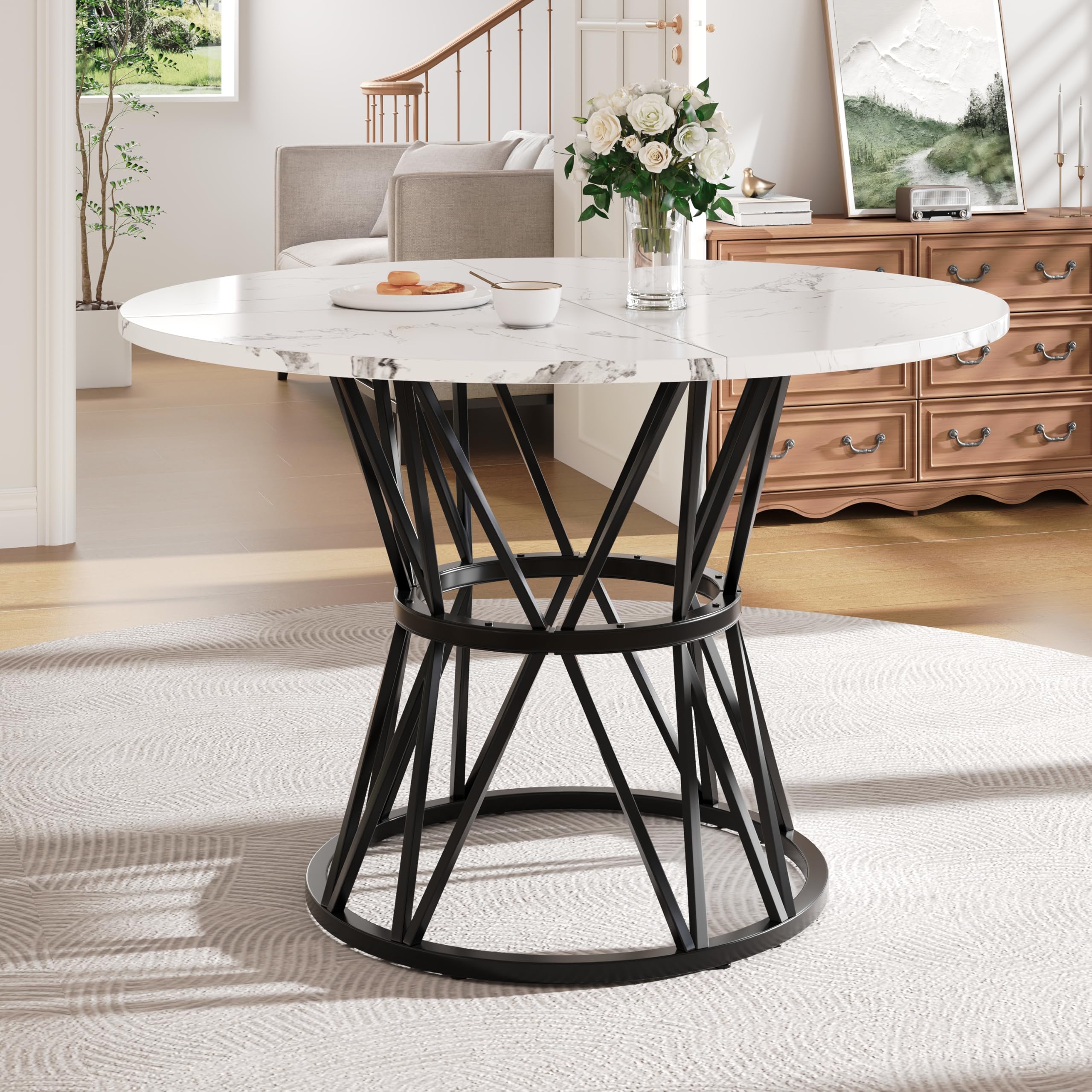 ModernLuxe Table à Manger Ronde 100×100 cm, Plateau MDF Imitation marbre Noir, Table Cuisine Design 4 Personnes, Salon et Salle à Manger Moderne