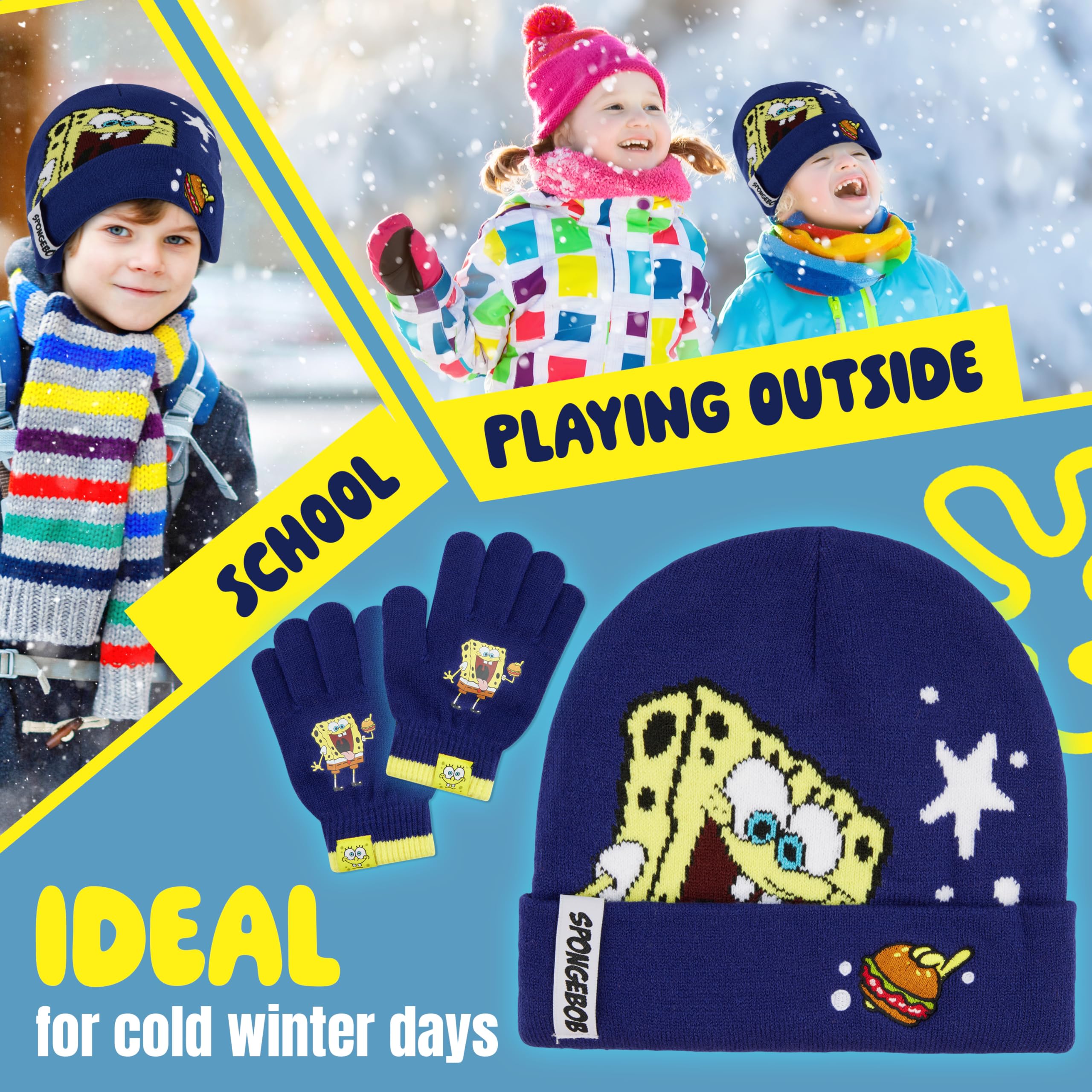 SPONGEBOB SQUAREPANTS Conjunto de Gorro y Guantes para Niños - Regalo Niño