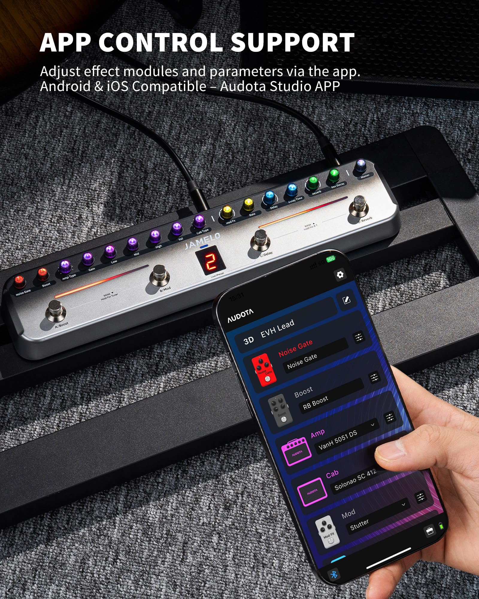 Jamelo Pedale multi-effetto per chitarra elettrica con 40 preset modificabili, 7 moduli di effetti popolari, chorus, delay, riverbero, MOD, batteria ricaricabile