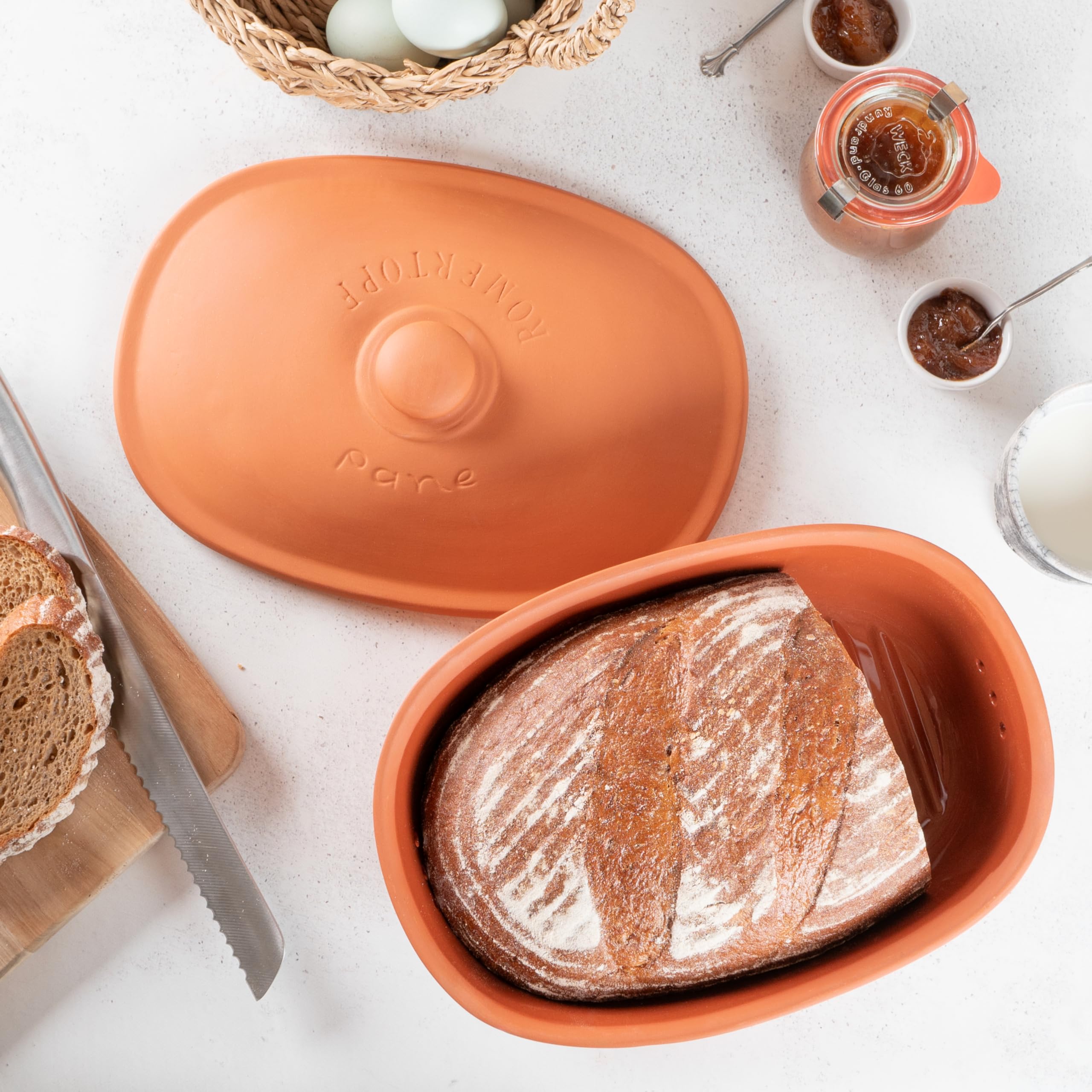 Römertopf Pot à pain ovale en terre cuite naturelle 2 L, système de ventilation et régulation d'humidité, 30 x 21 x 15 cm, terracotta