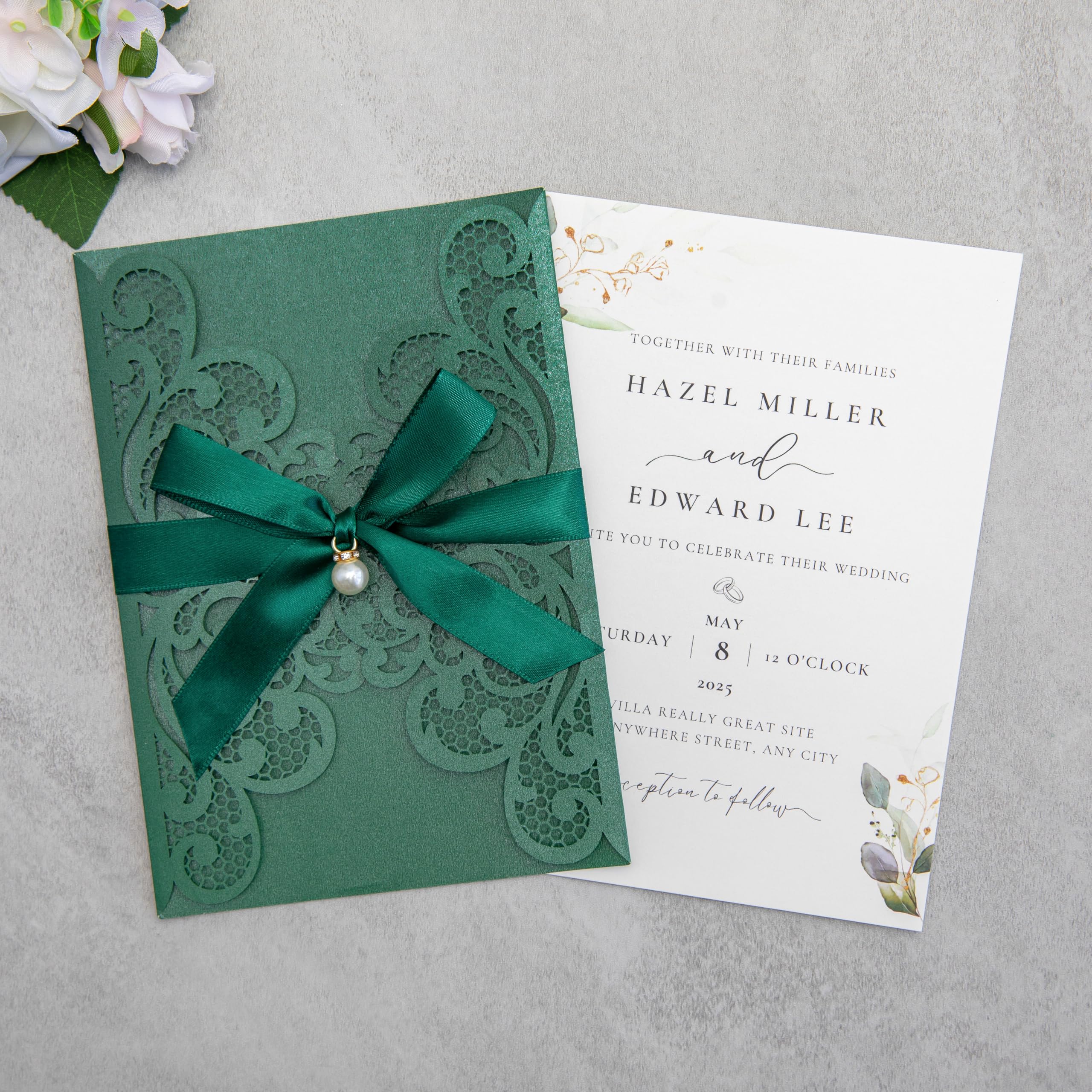 FEIYI 20Pcs 5.12x7.09 inch Laser Cut Wedding Invitation Cards With Envelopes and Ribbons for Quinceanera Bridal Shower Baby Shower Party Invite (