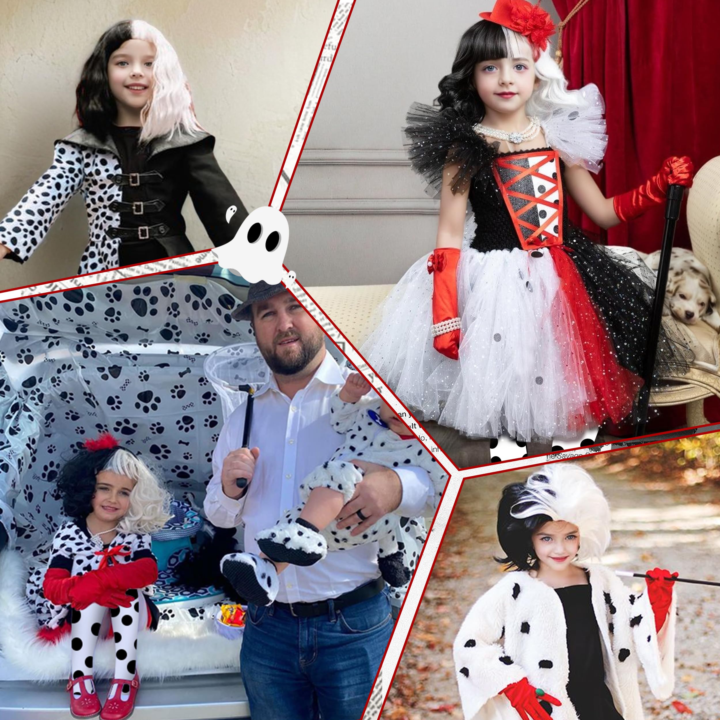 Abitoncc 5 PCS Deville Costume Wig Set,Black & White Wavy Curly Wig Kids Girls, Red Gloves, Spot Stockings - Image 4
