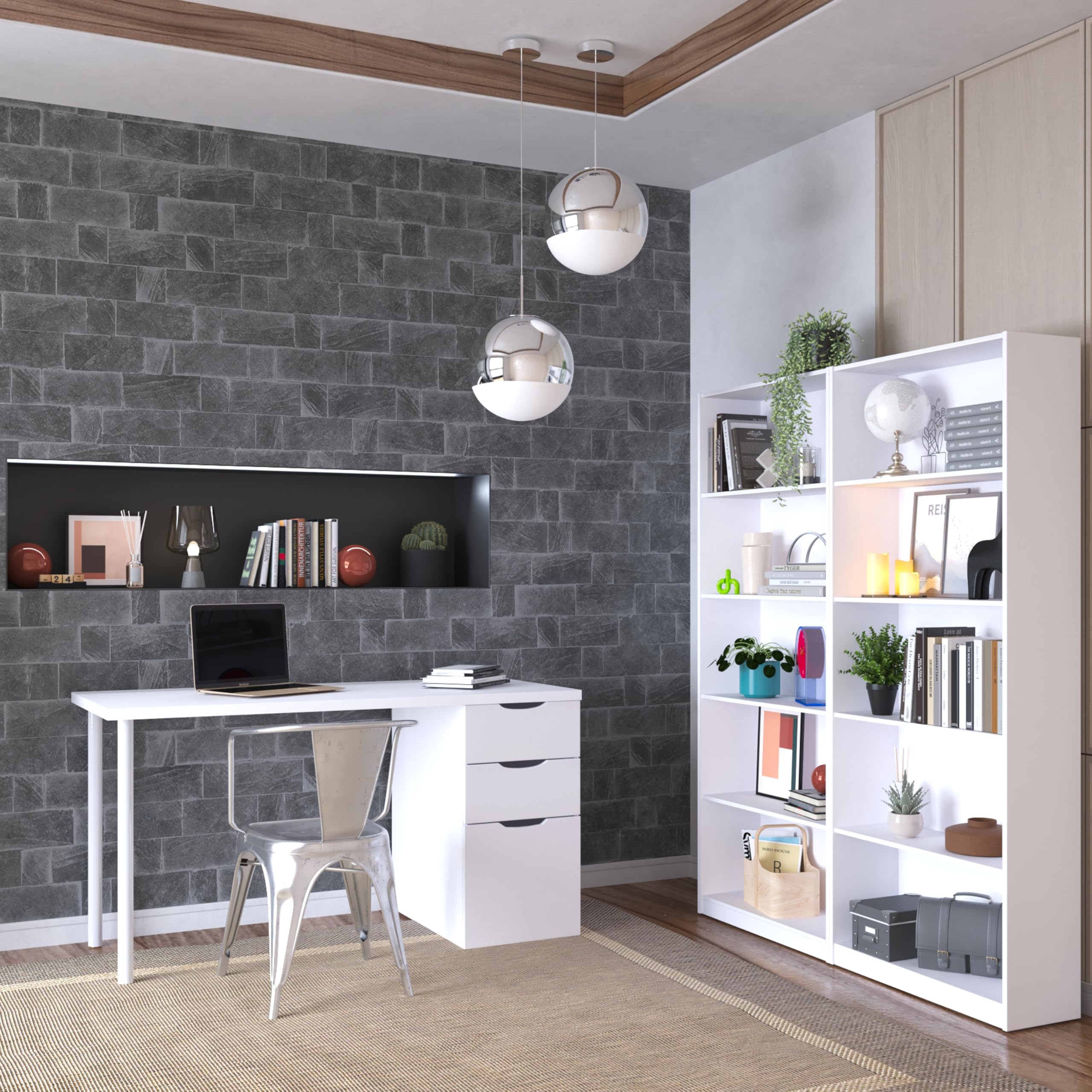 duehome | Mesa Ordenador Reversible con 2 Cajones y 1 Puerta, Mesa Despacho, Escritorio, Modelo Luma, Acabado en Color Blanco Artik, Medidas: 138 cm (Ancho) x 60 cm (Fondo) x 74 cm (Alto)