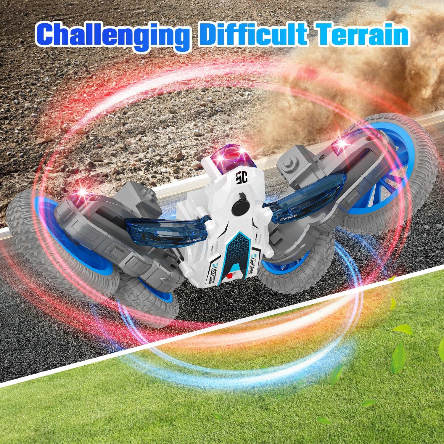 BAIWU Spider Remote Control Car, 4WD Stunt Vehicle for 360° Flips Off-Road, with Dazzling Spray & LED Lights, 2.4GHz RC Toy for Boys Girls 6-12
