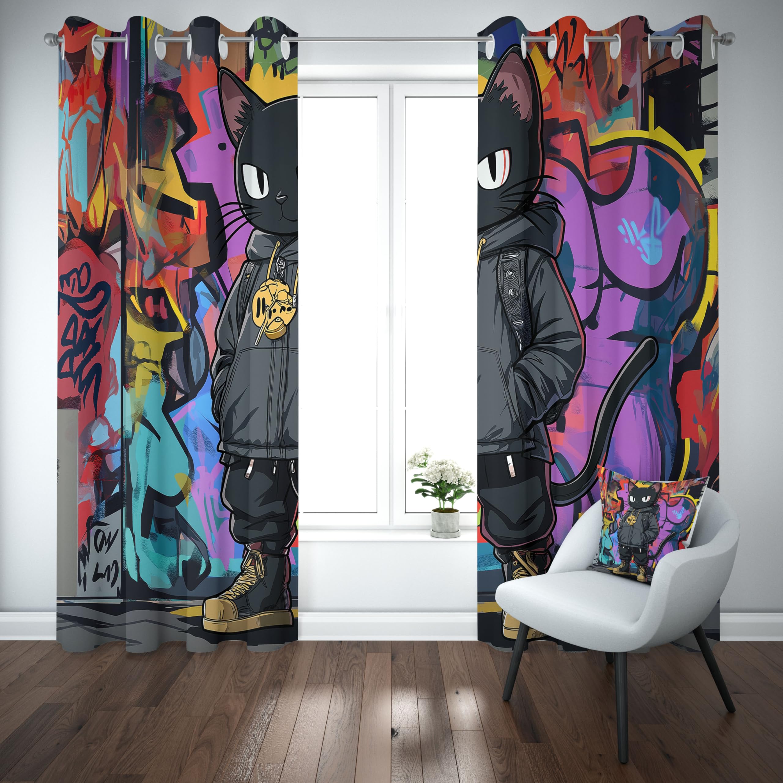 Rideau Chat Hip Hop, Lot de 2 à Oeillets 70L x 160H, Rideau Chaton Noir Graffiti Culture Grunge Hippie Occultant Isolant Anti Froid, pour Chambre Enfant, Intérieur Decoration