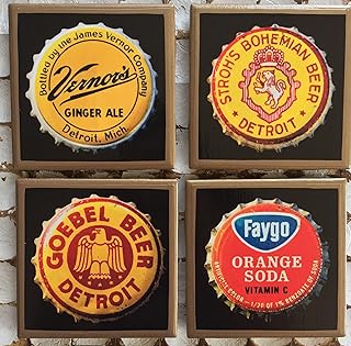 Detroit bottle cap brands set of coasters with gold trim. Vernor's, Stroh's, Goebel beer, Faygo