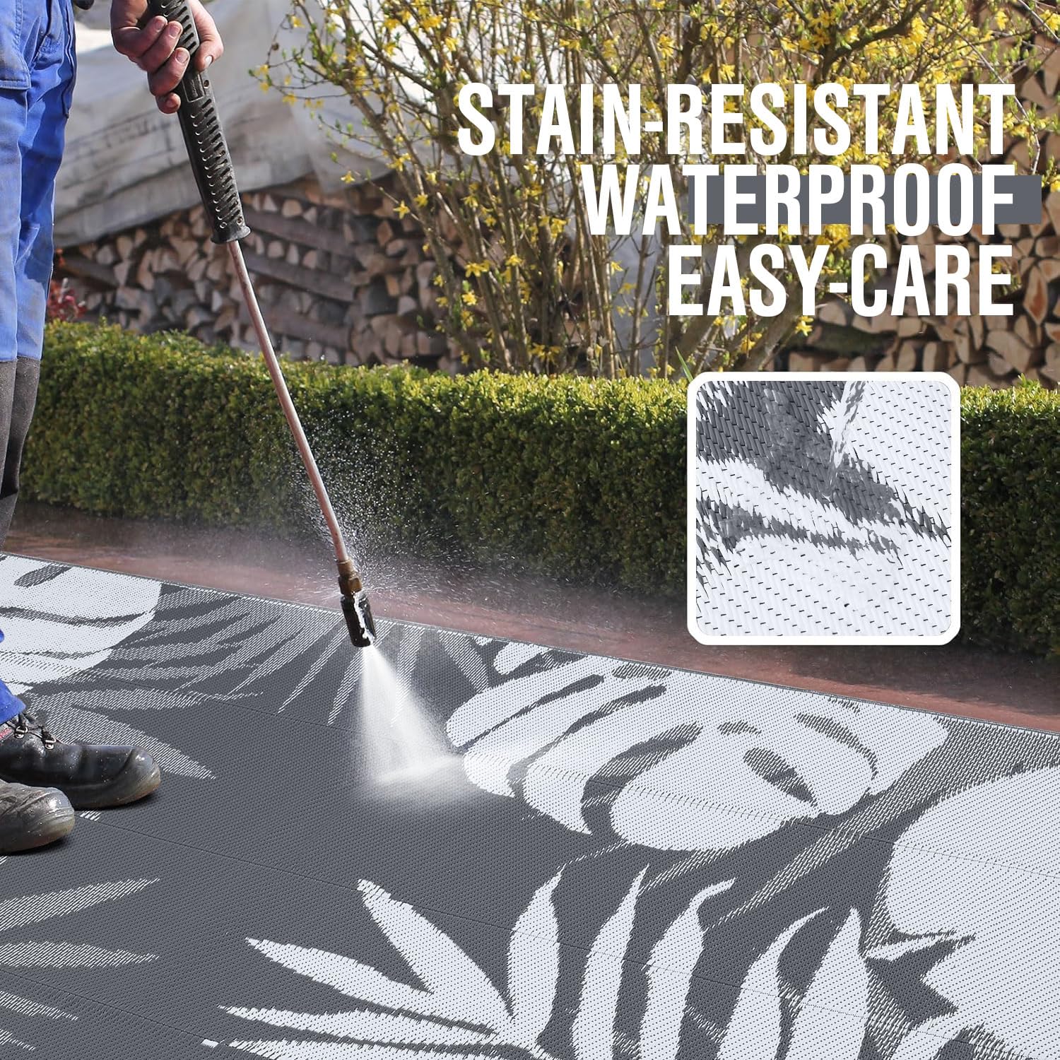 Homaxy Alfombra impermeable para exteriores, antideslizante, reversible, de plástico, para jardín, fácil limpieza, para camping, patio, playa, picnic, patio trasero, 270 x 360 cm, blanco y gris