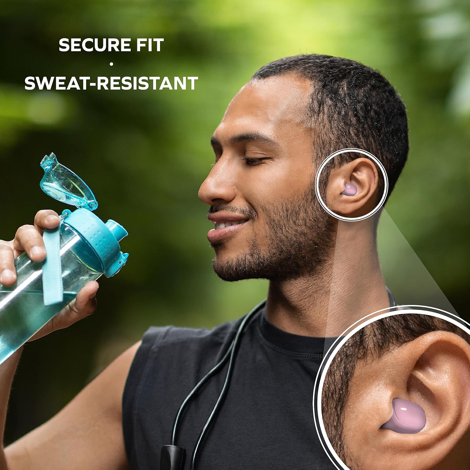 A man exercising outdoors, wearing Coby Mini Earbuds, highlighting their secure and sweat-resistant fit.