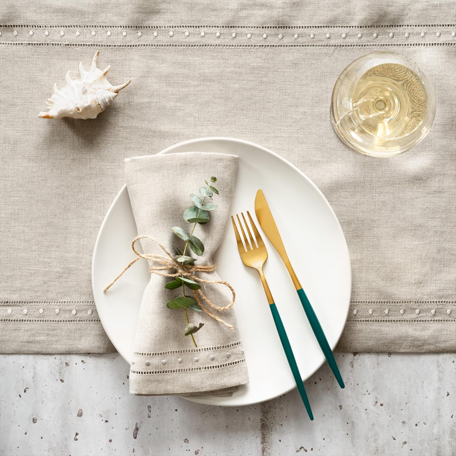 Linen Dinner Napkins Natural Set of 4, Embroidered Dot, 18 x 18 Inch