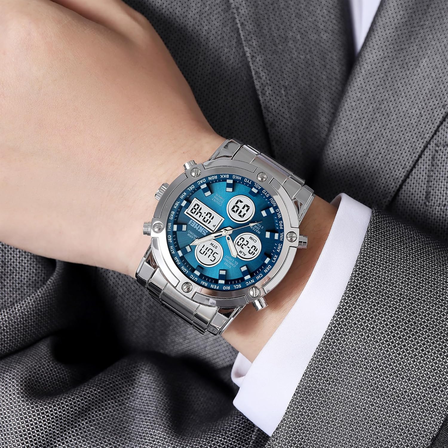 SKMEI Mens Wrist Watch, Waterproof Military Analog Digital Watches with LED Multi Time Chronograph, Stainless Steel Business Watches for Men