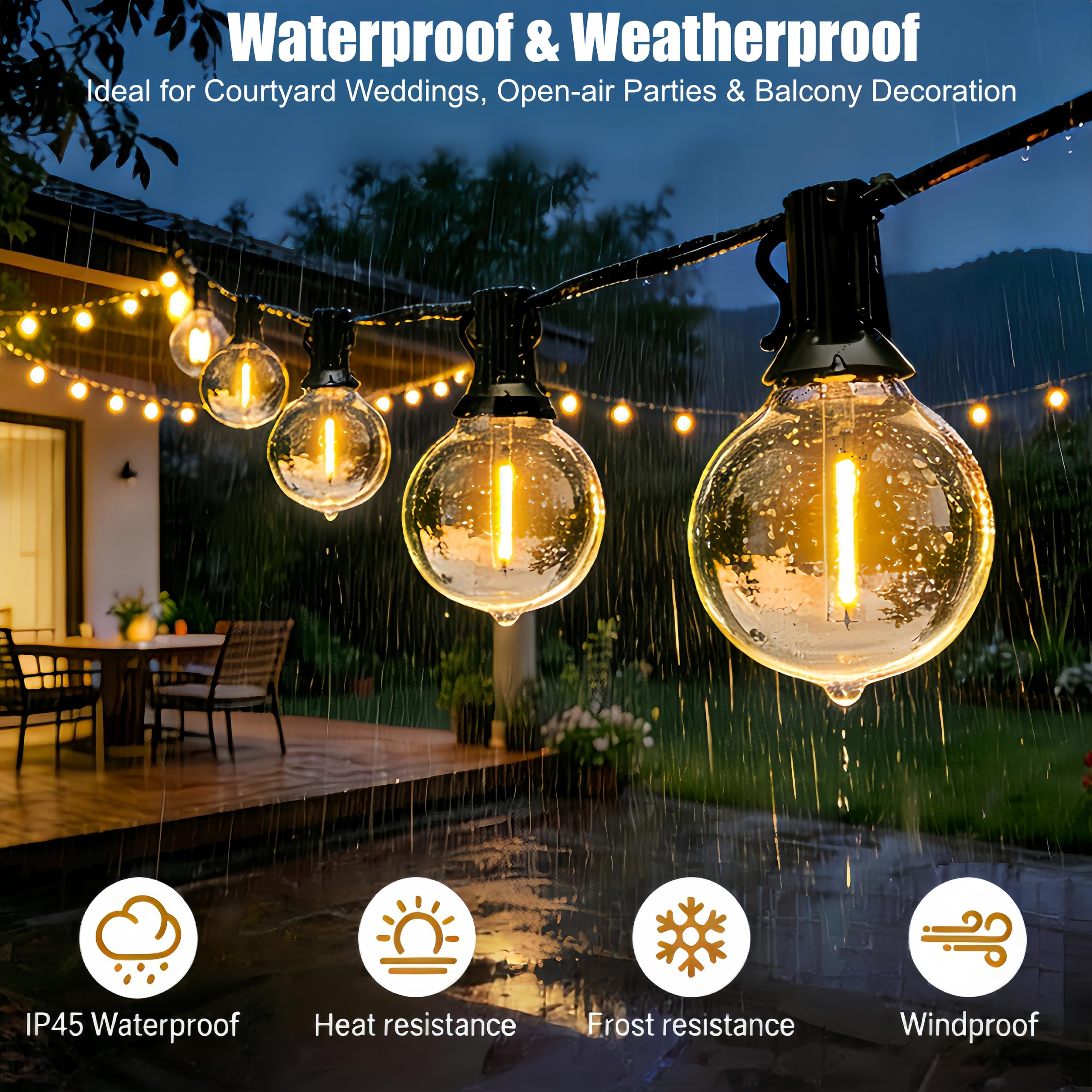 Guirnalda Luces Exterior, 30M IP45 Impermeable Conectable Luces Led Exterior con 50+2 Bombillas de Plástico Inastillable, 2700K Blanco Cálido para Jardín, Patio, Fiesta, Boda