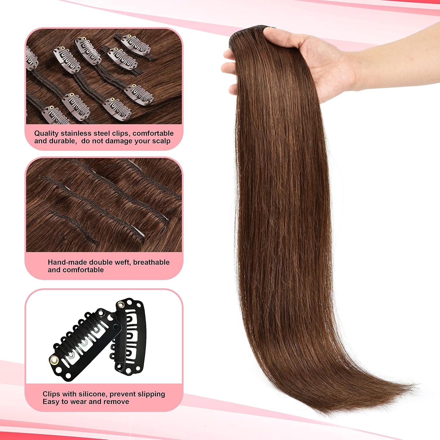 Senmy Invisible Clip in Hair Extensions Real Human Hair 16inch 120g 7Pcs Balayage Brown Hair Extension Clip ins #4 Brown Straight human Hair Clip in Hair Extensions, Human Hair Pieces